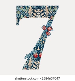 Number 7 vintage font, botanical pattern inspired by William Morris illustration isolated, vector. Vintage botanical patterned font inspired by William Morris. Floral patterned typography vector.