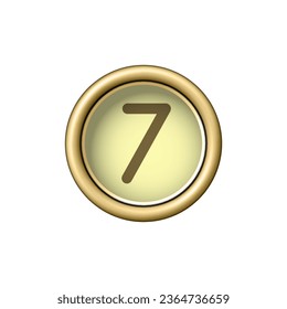 Number 7. Vintage golden typewriter button SEVEN isolated on white background