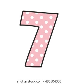 Number 7 with white polka dots on pastel pink, vector illustration isolated on white background