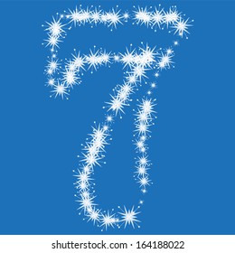 Number 7, from white snowflakes on blue background, vector font, alphabet, numbers, see the whole set in my portfolio