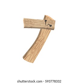 Number 7 wood board font. Seven symbol plank and nails alphabet. Lettering of boards. Country chipboard ABC