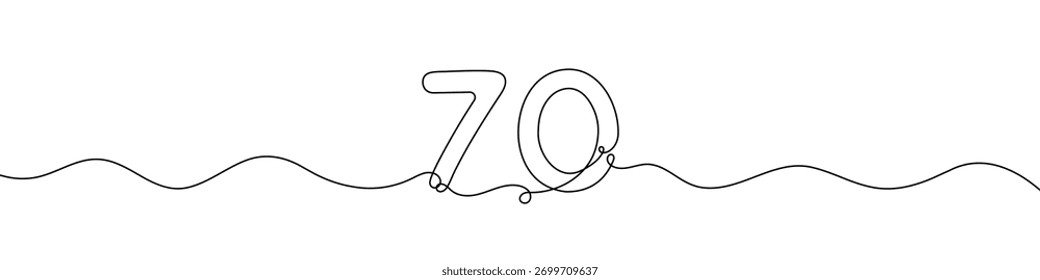 Number 70 continuous line vector illustration. Minimalist monoline drawing style for birthday, anniversary, or milestone celebration design.