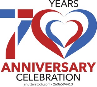 The number 70 is crimson and blue with two heart shaped stripes for the anniversary celebration with the word years anniversary celebration.