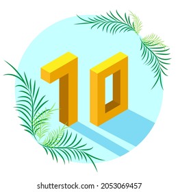 The number 70 in isometric style with a shadow in a blue circle, decorated with tropical leaves. The concept of summer and sea holidays, beach, holiday