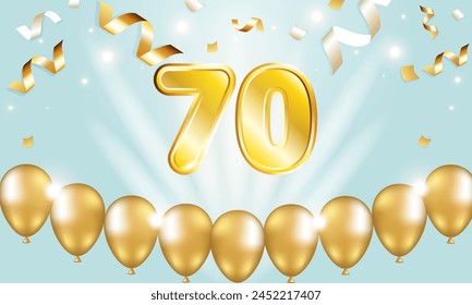 The number 70 is made of gold on a light blue background. The 70th anniversary. Gold figures and balloons all around. Garlands and lights.