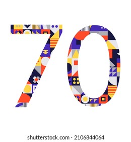 Number 70 from multicolored geometric shapes isolated on white. Neo geo. Illustration
