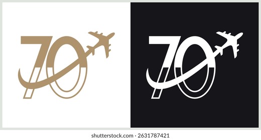 Number 70 Plane Travel Logo Template Design Vector, line Design Concept, Creative Symbol, Icon