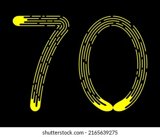 Number 70 from yellow dotted lines isolated on black background. Design element. Vector illustration