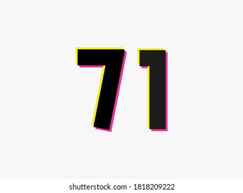 Nummer 71 Vektor-Design-Logo. Dynamisch, gespalten Farbe, Schatten der Zahl rosa und gelb auf weißem Hintergrund. Für soziale Medien, Design-Elemente, kreatives Poster, Jubiläumsfeiern, Gruß und Web 