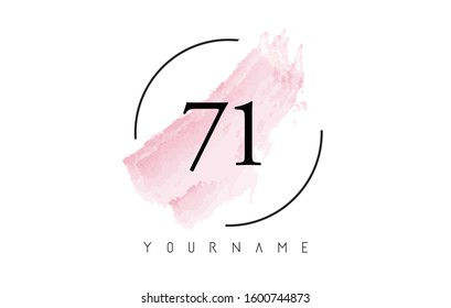Number 71 Watercolor Stroke Logo with Circular Shape and Pastel Pink Brush Vector Design