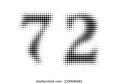 Number 72 Halftone. Pop art style. Halftone dotted backdrop. Design for web banners, wallpaper,sites vector illustration. Abstract Halftone Dotted Number.