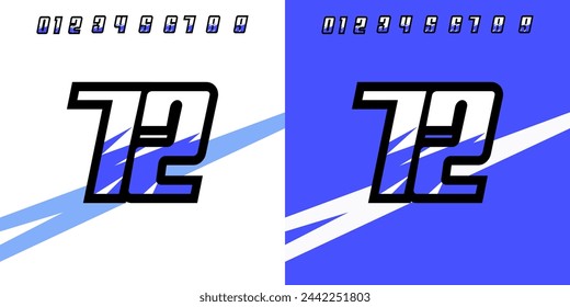 número 72 con efecto de carreras, para carreras, carreras, deporte en color azul