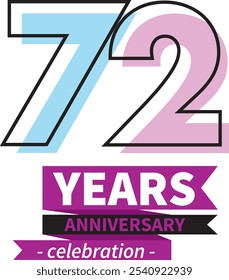 number 72 years anniversary celebration logo style black line with cyan and purple color, isolated on white background.