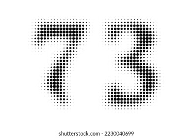Number 73 Halftone. Pop art style. Halftone dotted backdrop. Design for web banners, wallpaper,sites vector illustration. Abstract Halftone Dotted Number.