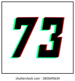 Nummer 73, dreiundsiebzig Vektordesign-Logo.Dynamisch, gespaltene Farbe, Schatten der Zahl rot, grün, blau in schwarzem Rahmen auf weißem Hintergrund.