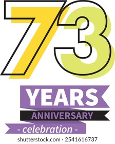 number 73 years anniversary celebration logo style black line with yellow and lime green color, isolated on white background.