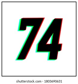 Number 74, seventy four vector desing logo.Dynamic, split-color, shadow of  number red, green, blue in black frame on white background.