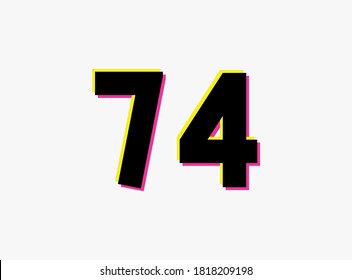 Logo de diseño vectorial número 74. Dinámico, de dos colores, sombra del número rosa y amarillo sobre fondo blanco. Para medios sociales, elementos de diseño, afiche creativo, celebración de aniversario, saludo y web 