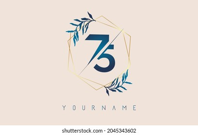 Number 75 7 5 logo with golden polygon frames and gradient blue leaves design. Luxury vector illustration with numbers 7 and 5 and blue gradient leaf.