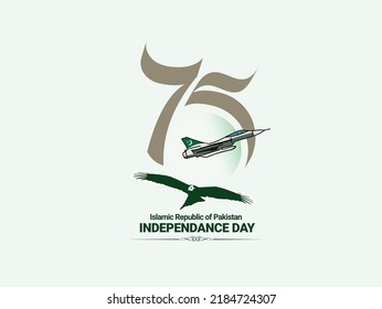 The number 75 on an isolated white background with a fighter plane and an eagle. Best use as logos for 75th idependence day celebration of Pakistan