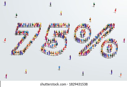 Number 75 Percent. Large group of people form to create a shape 75%. Special Offer Sale Design. Vector Illustration of advertising banner.