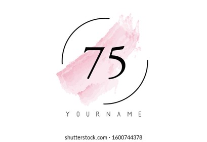 Number 75 Watercolor Stroke Logo with Circular Shape and Pastel Pink Brush Vector Design