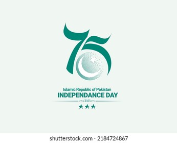 The number 75 written on an isolated white background with a crescent and a star. Best use as logos for 75th idependence day celebration of Pakistan