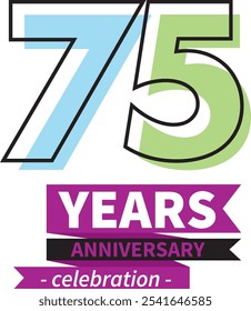 number 75 years anniversary celebration logo style black line with cyan and green color, isolated on white background.