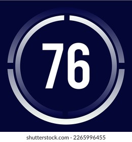 Number 76 design for business, print, books, movies, time-counting, companies in white, blue and blue gradient colors with half circles.