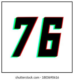 Número 76, setenta y seis logotipo de diseño vectorial.Dinámico, de dos colores, sombra de rojo número, verde, azul en marco negro sobre fondo blanco.Para medios sociales, elementos de diseño, saludo de celebración de aniversario
