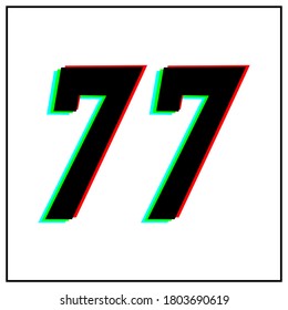 Number 77, seventy seven vector desing logo.Dynamic, split-color, shadow of  number red, green, blue in black frame on white background.For social media,design elements, anniversary celebration 