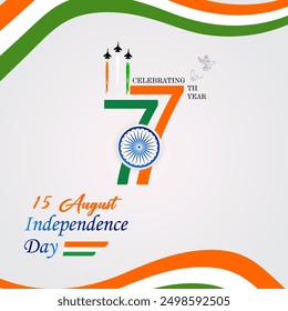 The number 77 in tricolor 15 August and Independence Day below jets a dove and Ashok Chakra