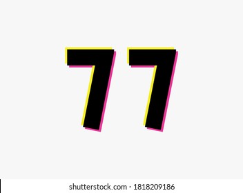 Number 77 vector desing logo. Dynamic, split-color, shadow of  number pink and yellow on white background. For social media,design elements, creative poster, anniversary celebration, greeting etc.