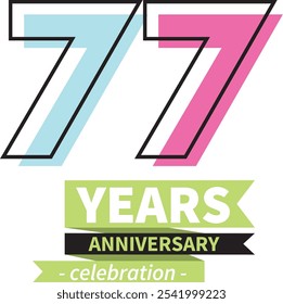 number 77 years anniversary celebration logo style black line with cyan and pink color, isolated on white background.