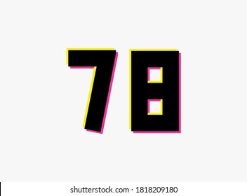 Logo de diseño vectorial número 78. Dinámico, de dos colores, sombra del número rosa y amarillo sobre fondo blanco. Para medios sociales, elementos de diseño, afiche creativo, celebración de aniversario, saludos, etc.