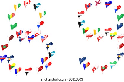 Number 8 and 9 from world country flags in heart. vector