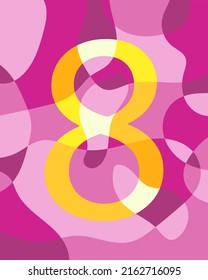 Number 8 of abstract smooth rounded shapes. Contrasting yellow number on a pink background. Vector illustration