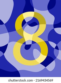 Number 8 of abstract smooth rounded shapes. Contrasting yellow number on a blue background. Vector illustration
