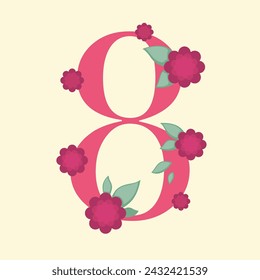 Number 8 adorned with flowers, flat design vector, isolated on a beige background, for March festivities and women's day