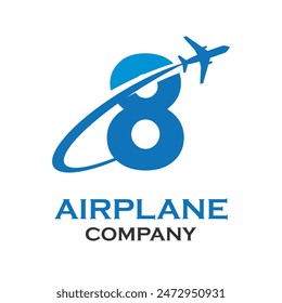 Número 8 con la ilustración de la Plantilla del logotipo del avión. conveniente para el transporte, marca, viaje, agencia, Web, etiqueta, red, comercialización etc