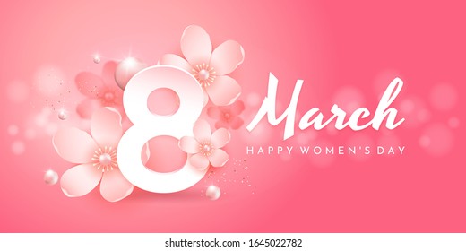 Number 8, apple blossom with pearls on a bright pink background.  Flower vector greeting card for 8 March. Banner for the International Women's Day.