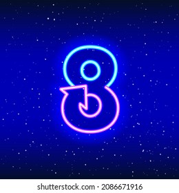 Icono de signo de número 8 y flecha en color neón azul y rosa. Número de ocho de estrellas espaciales. Diseño de dígito lineal neón. Icono de neón realista. Icono lineal sobre fondo azul.