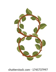 Number 8 brown tree branches with green leaves eco font flat vector illustration isolated on white background