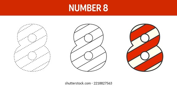 Number 8 Candy Cane, tracing and coloring worksheet for kids