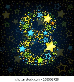 Number 8 cartoon kid style vector font with  colored  stars