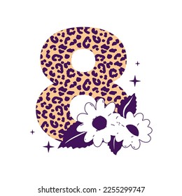 Number 8 with chamomiles and leopard print in a vector illustration for spring holidays, birthday parties