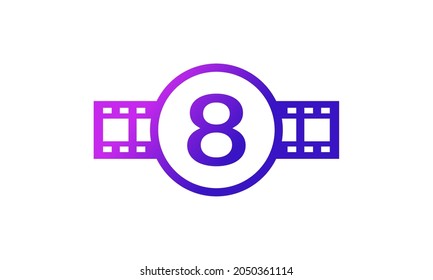 Number 8 Circle with Reel Stripes Filmstrip for Film Movie Cinema Production Studio Logo Inspiration
