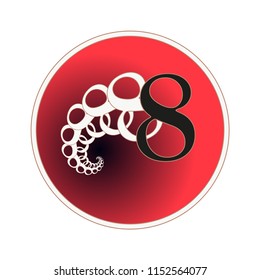 number 8 circular label with fractal spiral tail pattern in red and white