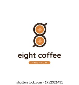 Number 8 coffee cafe logo with coffee latte cup in number 8 shape icon logo illustration template