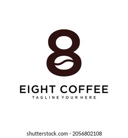 Number 8 coffee cafe logo with coffee latte cup in number 8 shape icon logo design vector template on a white background.	